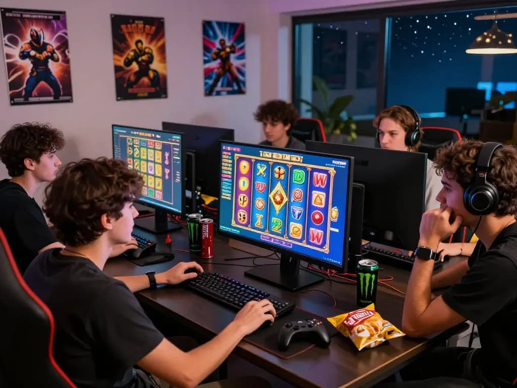 Friends enjoying an online gaming session with link gacor slot game on the screen in a vibrant gaming room.