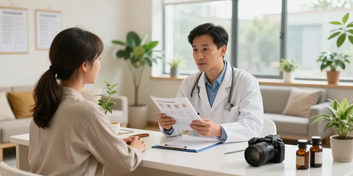 Consultation at 수원한의원 with healthcare professional discussing holistic remedies in a welcoming clinic.