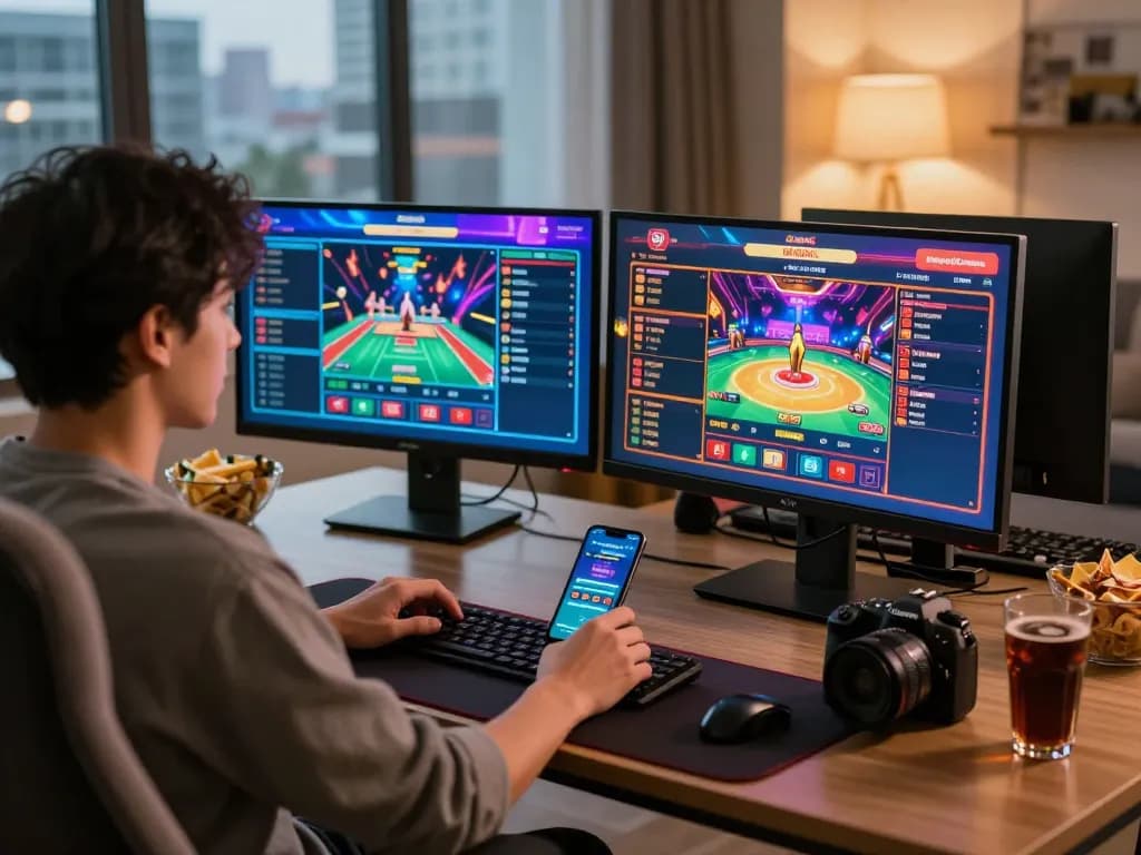 Immersive online gaming environment showcasing C168 online betting setup with dual monitors and vibrant game graphics.
