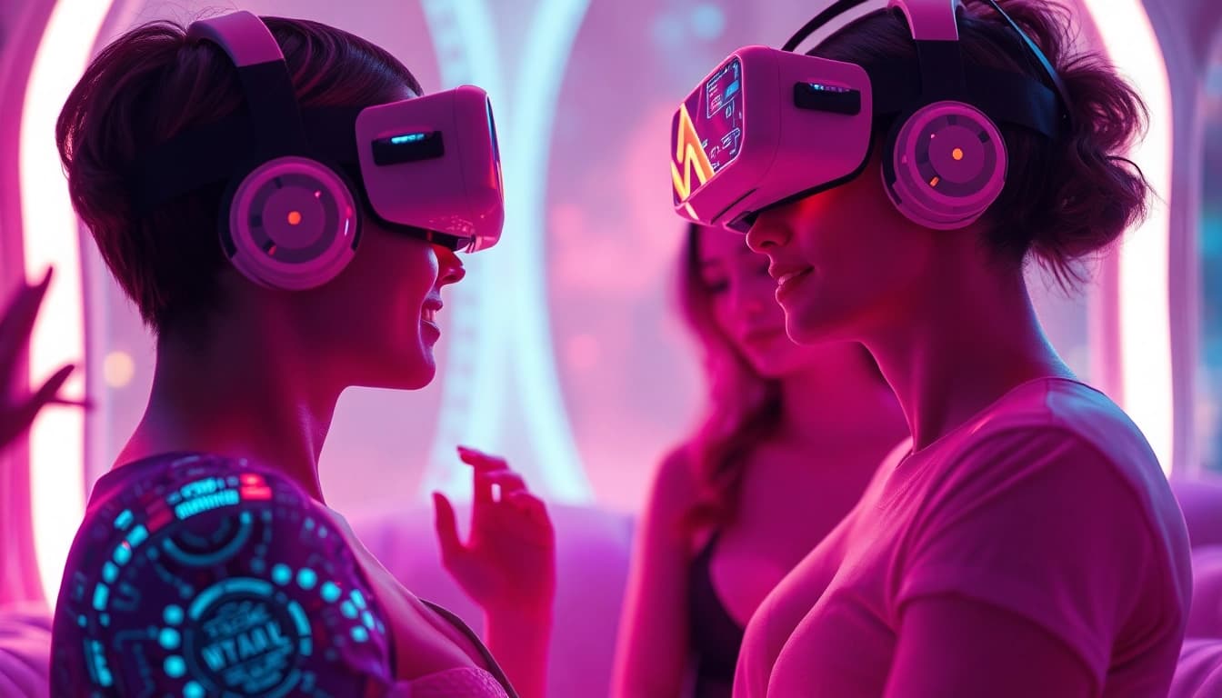 Immersive AI sex interactions in a futuristic virtual reality setting.