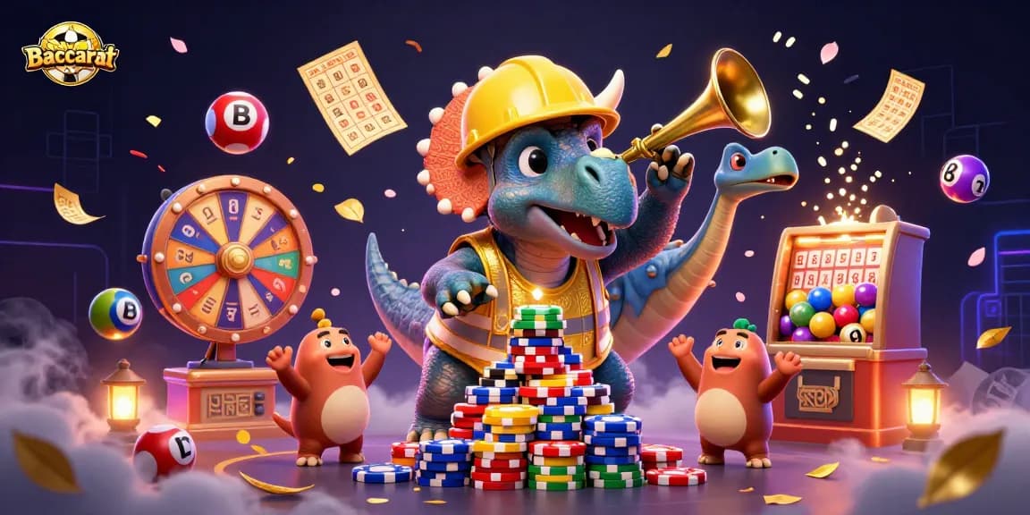 Baccarat game elements come alive in vibrant 3D styles with joyful characters amidst dynamic casino action.