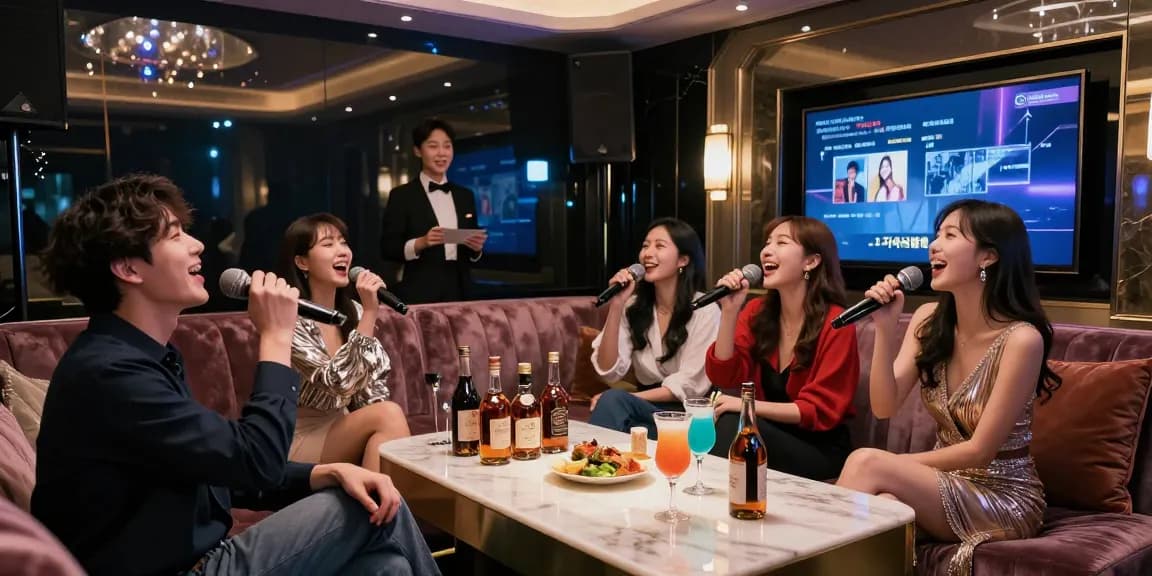 Experience of 강남 가라오케 with friends enjoying singing and premium drinks in a luxurious private room.
