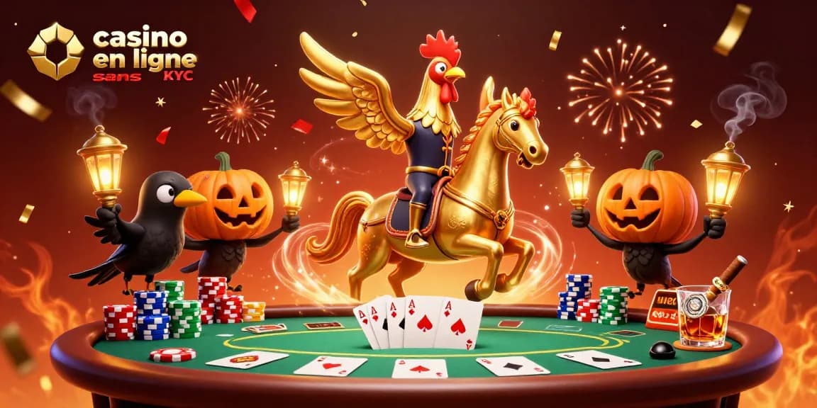Jouer dans un casino en ligne sans KYC avec un coq doré, ambiance festive et éléments de poker