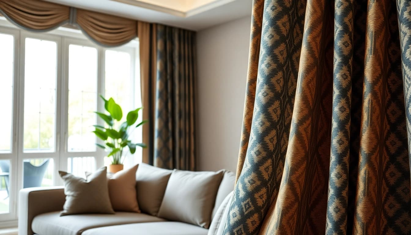 Gordijnstof kopen online in een stijlvolle woonkamer met elegante stoffen.