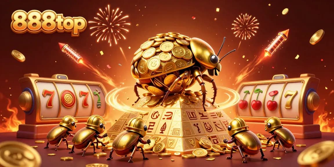Experience thrilling wins at 888top with a vibrant casino-themed illustration showcasing golden beetles and slot reels.