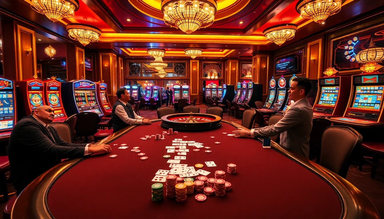 Experience high-stakes gaming at Babu88.global with an engaging scene of poker and slot machines.