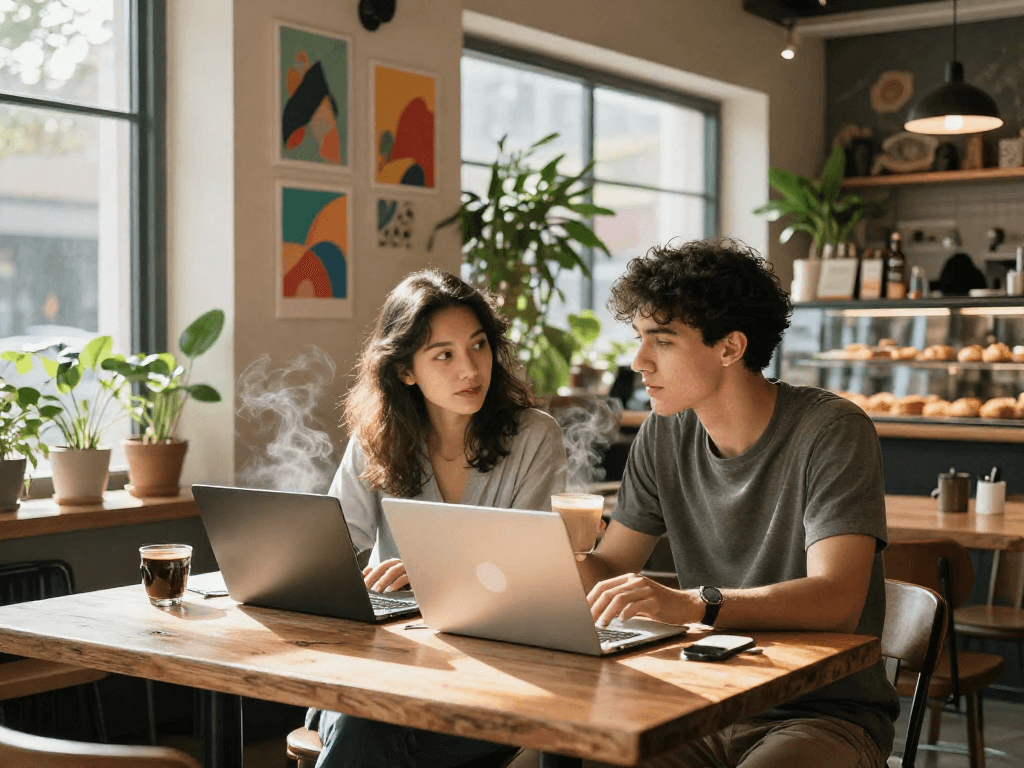 Couple enjoying a productive day at the café, engaging as they crush on collaborative creativity.