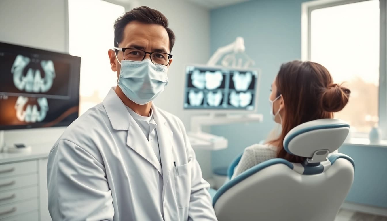 Dentist examining a patient's teeth in a modern dental clinic.
