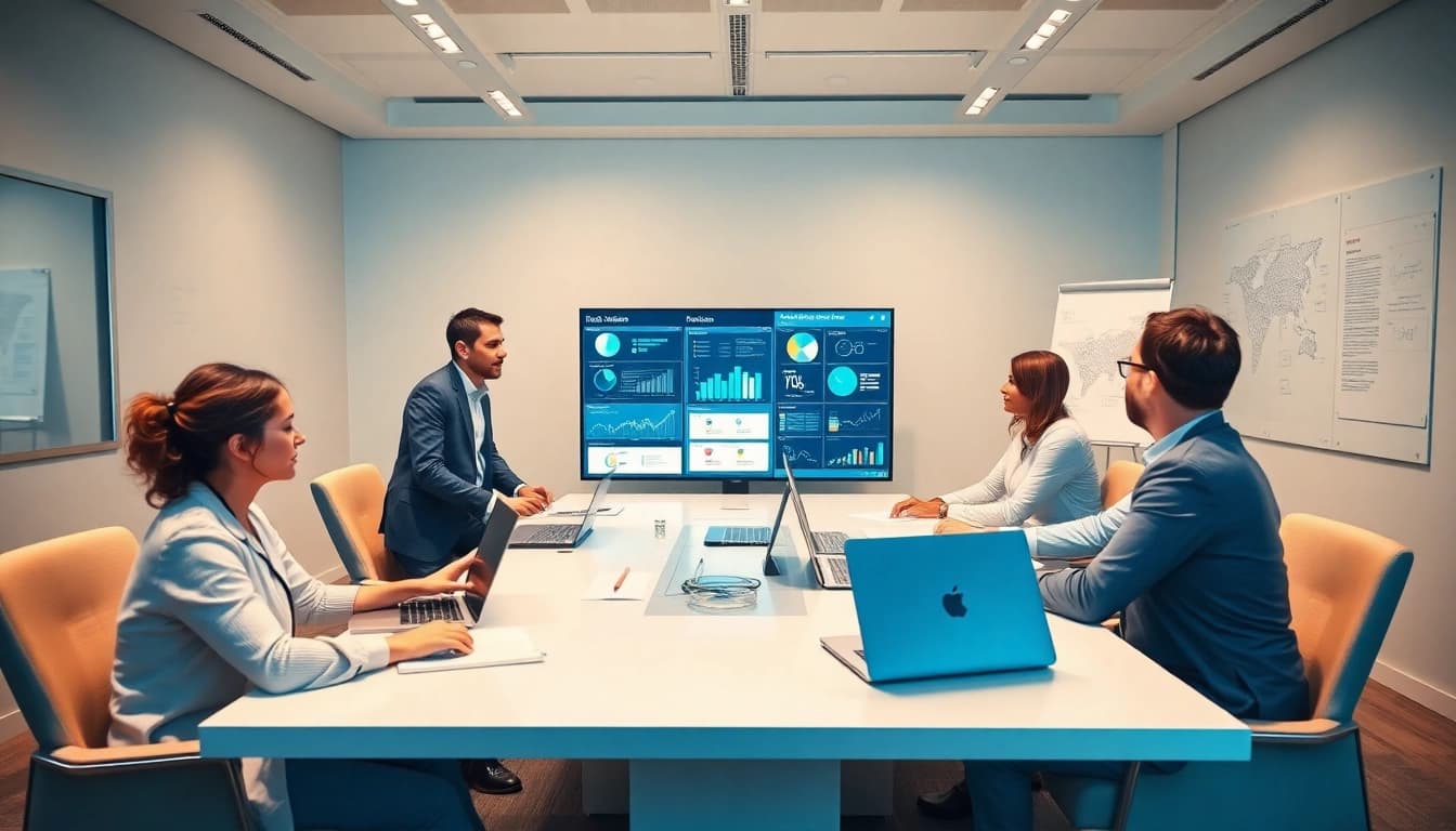B2B competitive intelligence analysis in a collaborative office setting with diverse analysts.