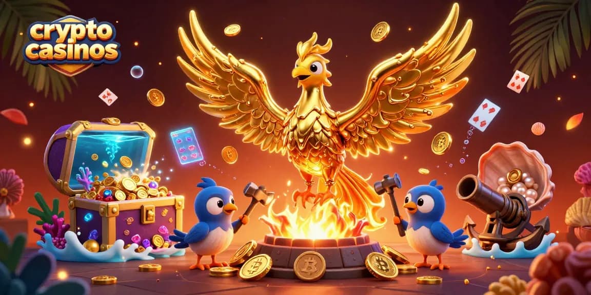 Illustration captivante représentant des crypto casinos avec un phénix doré et des pièces en or émergeant d'une forge.