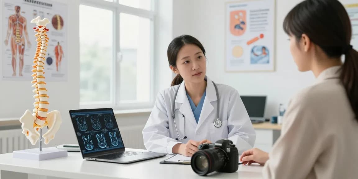Boyun fıtığı ameliyatı consultation, surgeon explaining MRI results, bright clinic atmosphere.