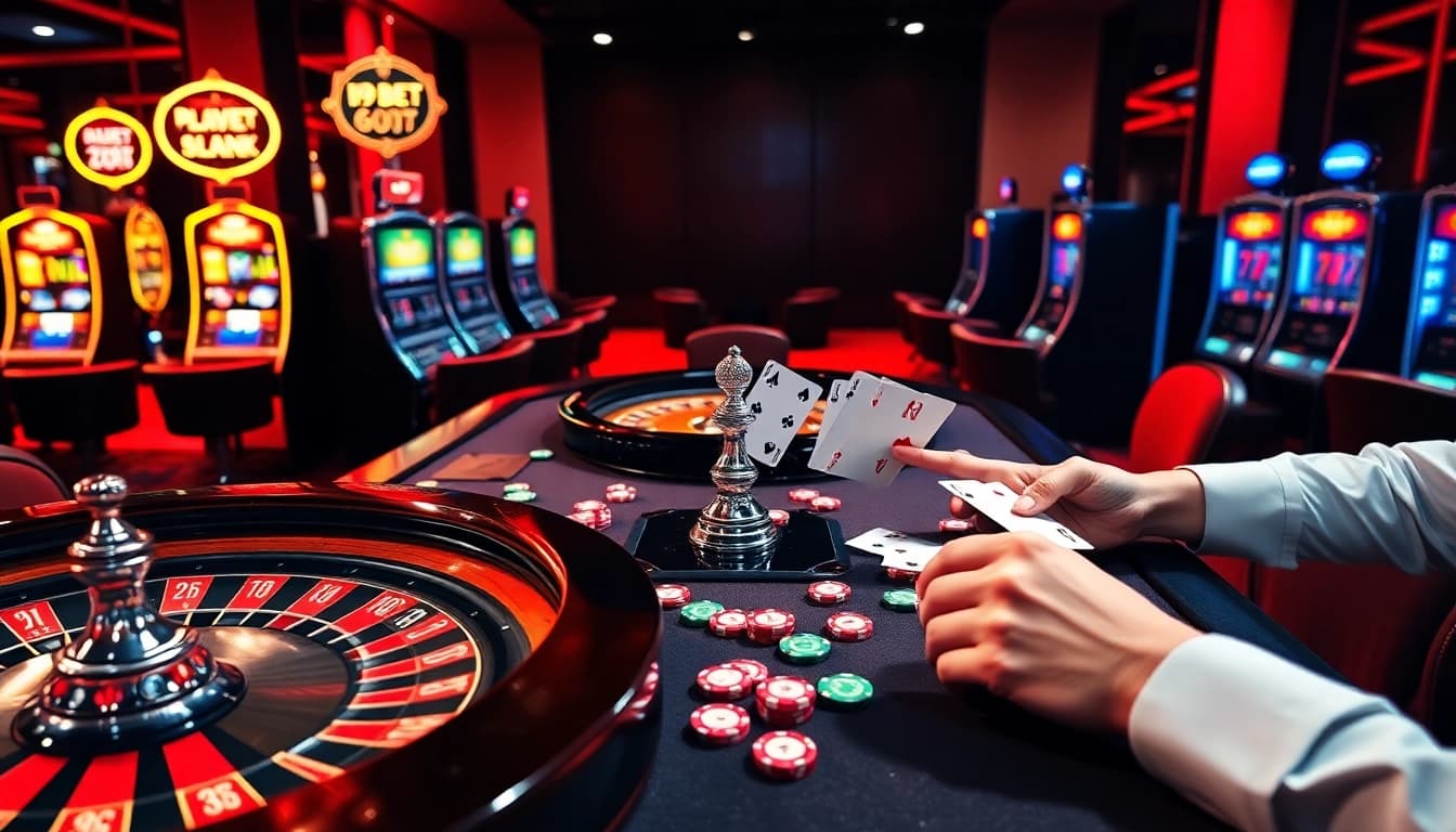 i9bet players strategizing at a luxurious poker table in a vibrant casino.