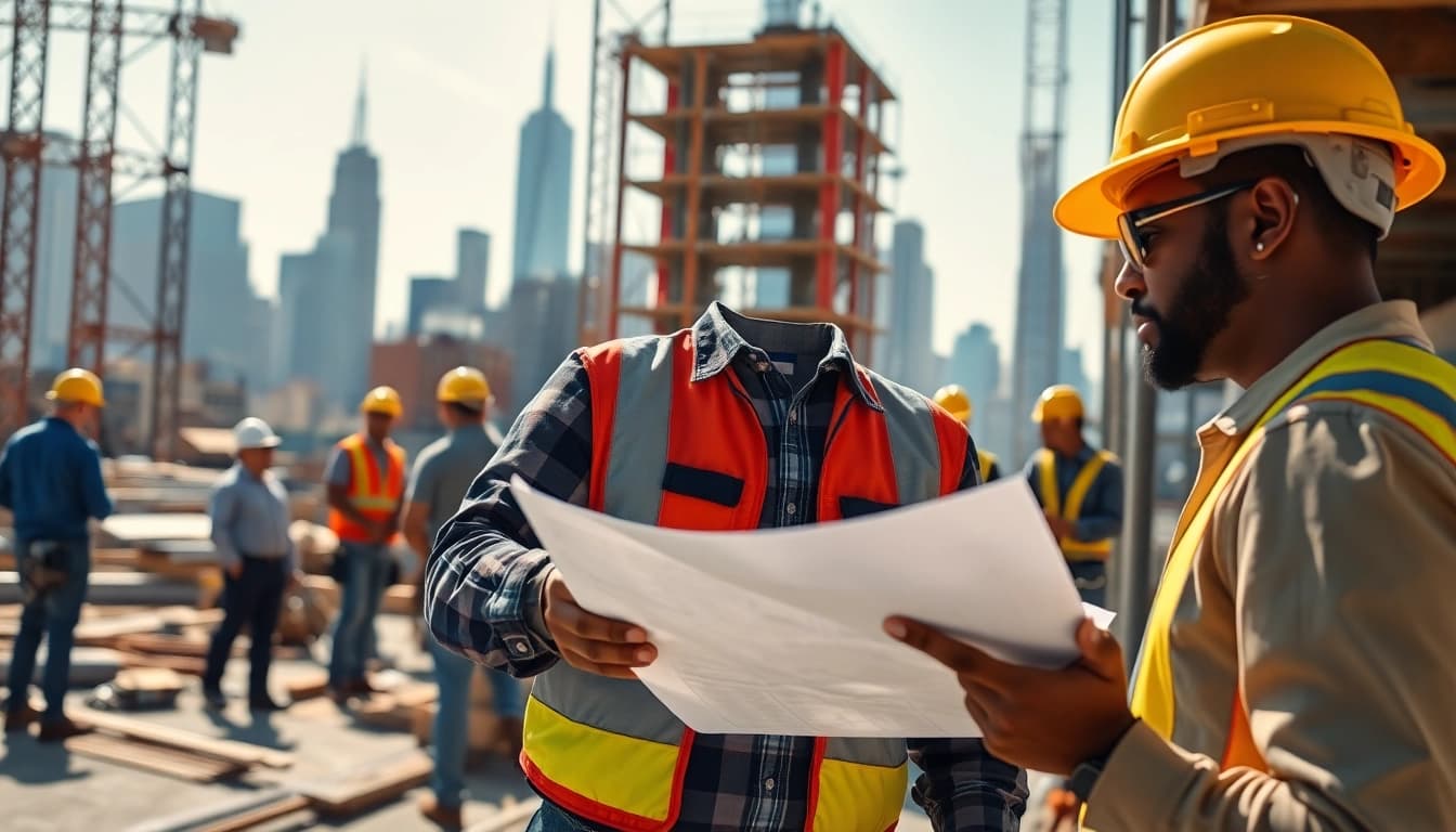 Engaged New York General Contractor reviewing plans at a bustling construction site.