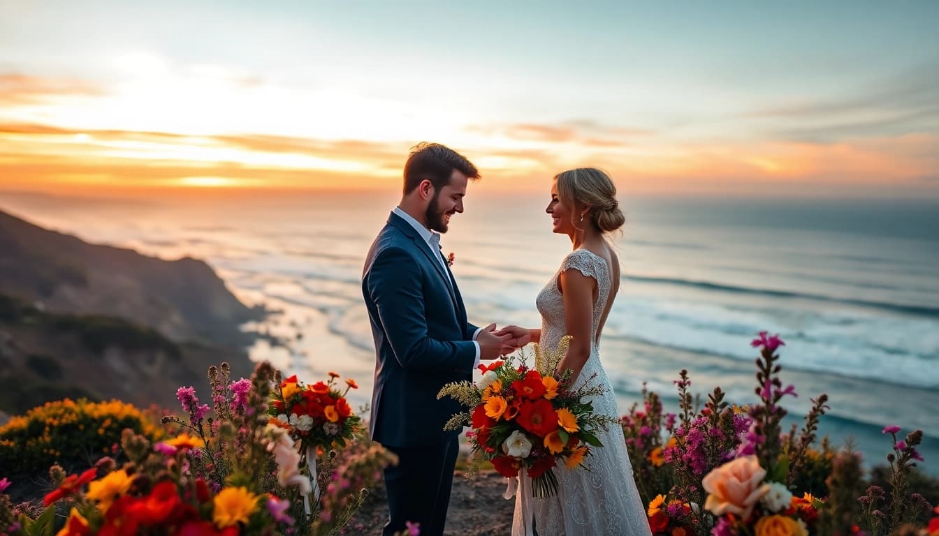 Couple exchanging vows in a breathtaking Big Sur wedding photography scene on a cliff.