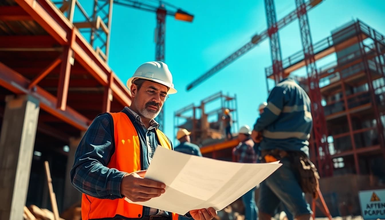 New York City General Contractor reviewing blueprints at an active construction site.