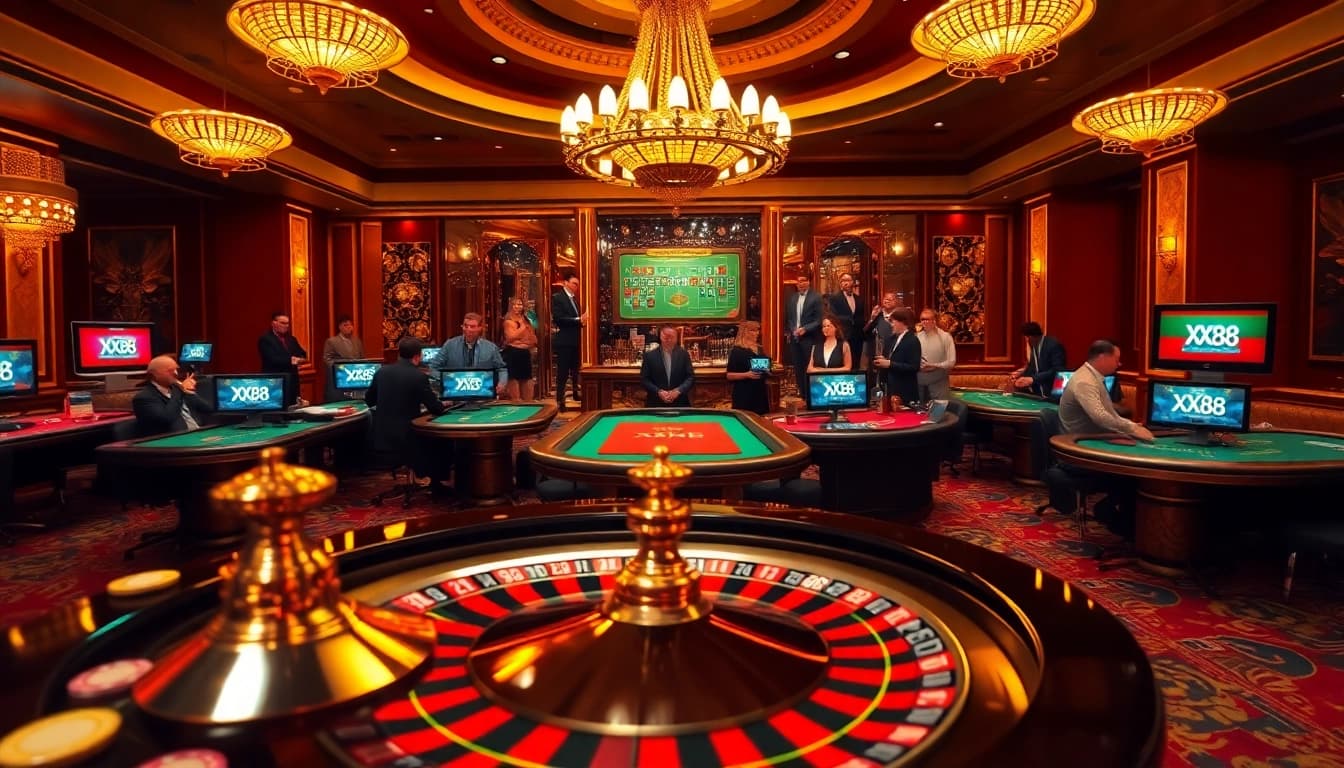 Experience the excitement of XX88 with players enjoying high-stakes at luxury casino tables.