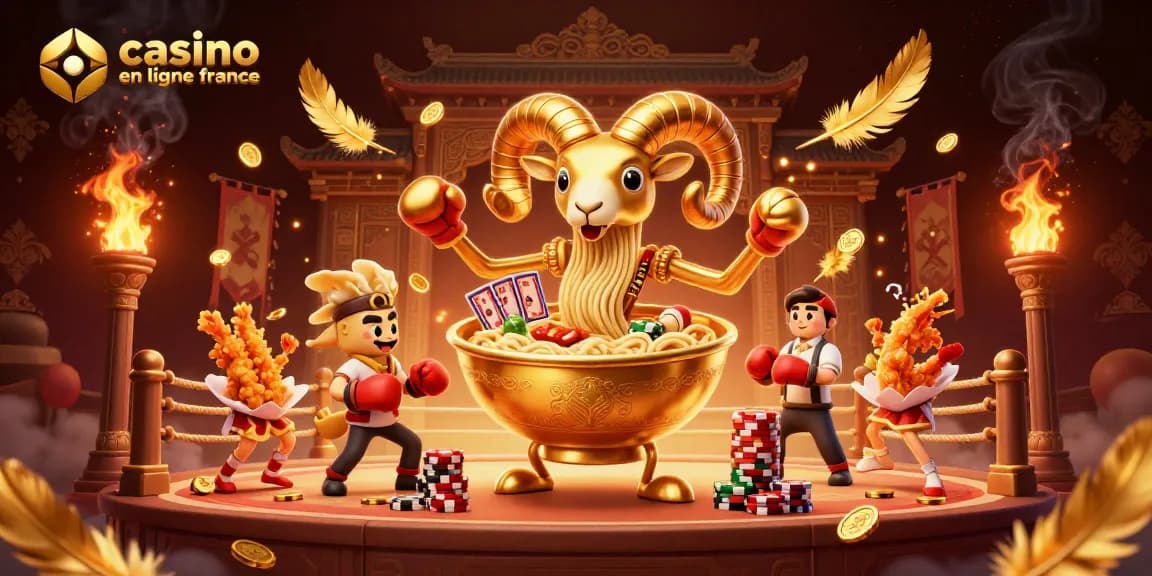 Casino en ligne France : illustration dynamique avec un ramen géant et des personnages de jeux de casino.