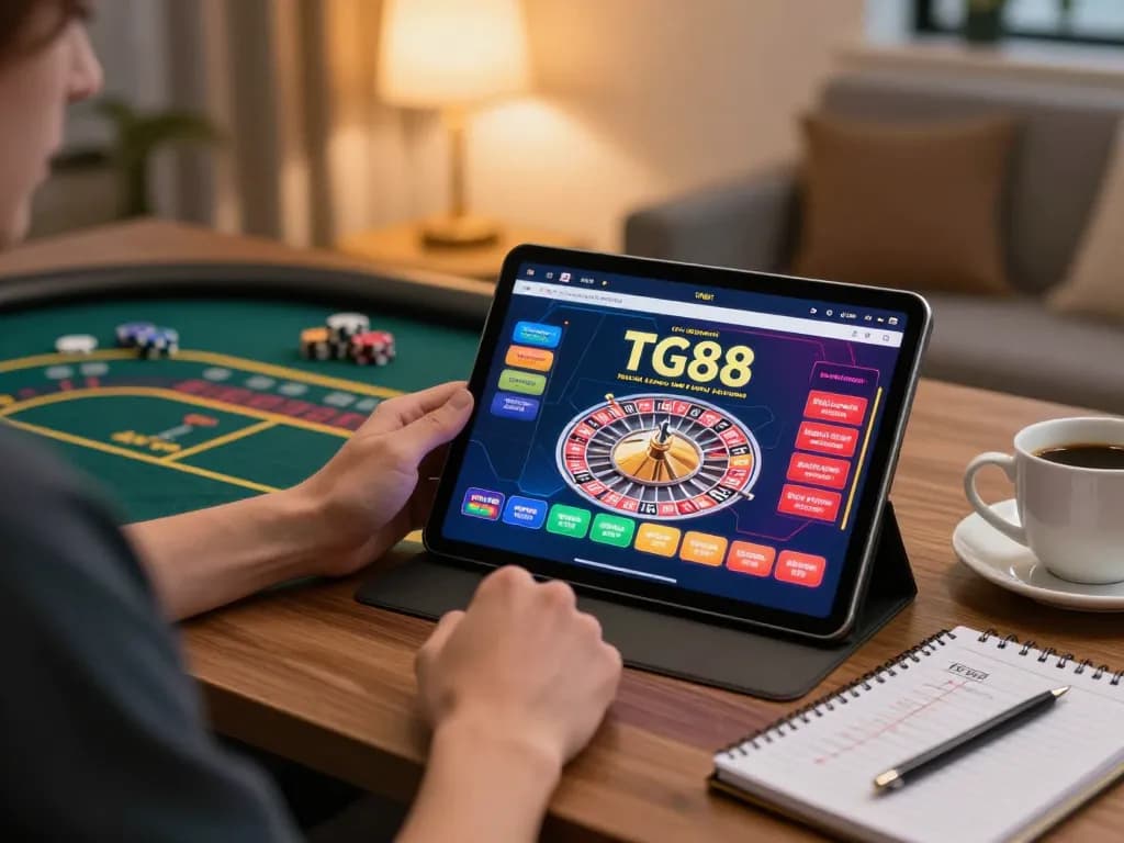 Person using TG88 tablet for immersive online gambling experience, featuring roulette graphics