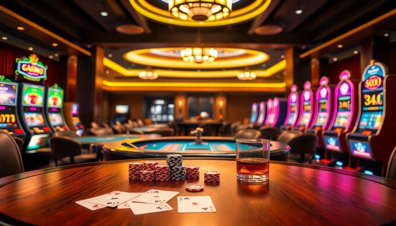 Experience high-stakes games at BK8's vibrant casino, featuring poker tables and slot machines.