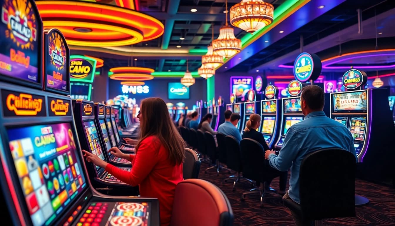 Engaged players enjoy a vibrant online casino in Texas with colorful slot machines and lively atmosphere.