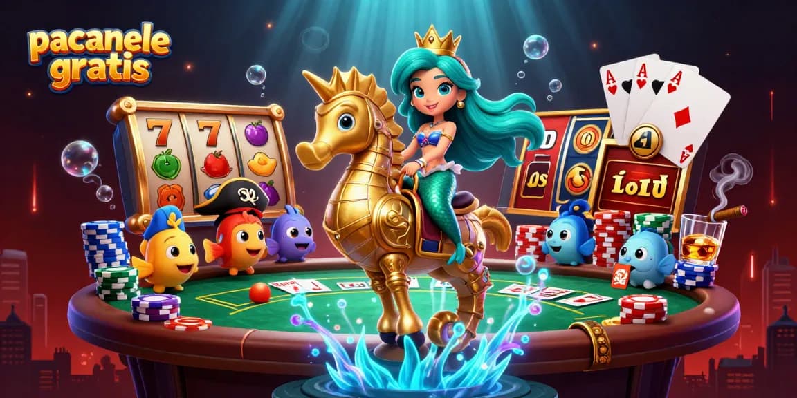 Joacă păcănele gratis cu personaje fantastice și elemente de casino într-o ilustrație 3D captivantă.