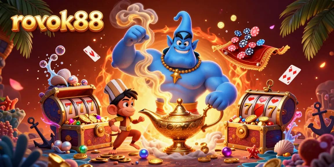 Engage in thrilling action at rokok88 with a rich 3D scene showcasing a genie, a monkey, and poker chips.