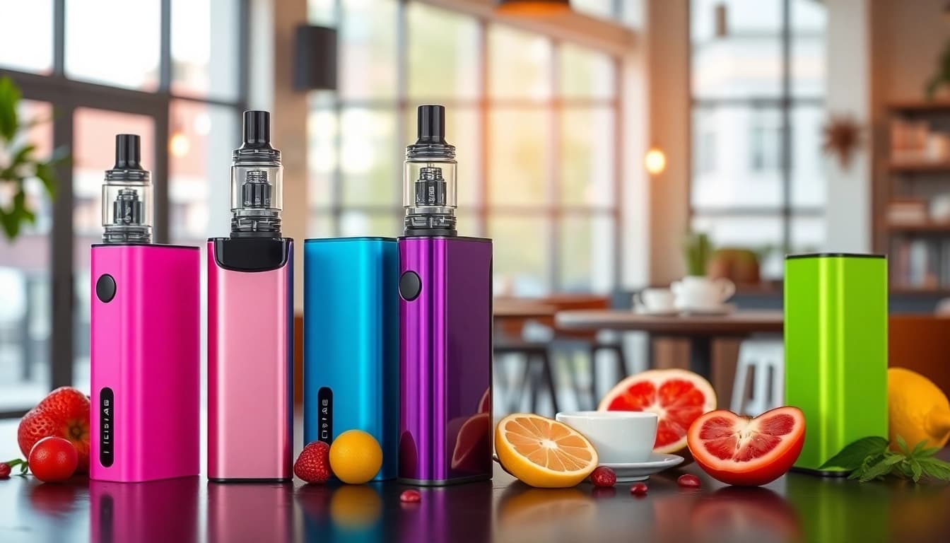 Elfbar Vape-Geräte in verschiedenen Farben auf einem stilvollen Tisch in einem Café angeordnet.