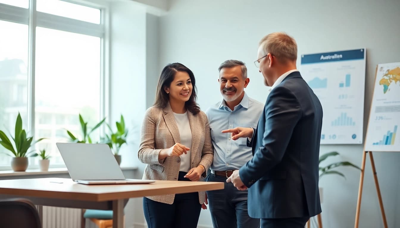 Migration agent in Australia consulting diverse clients on visa options in a professional office setting.