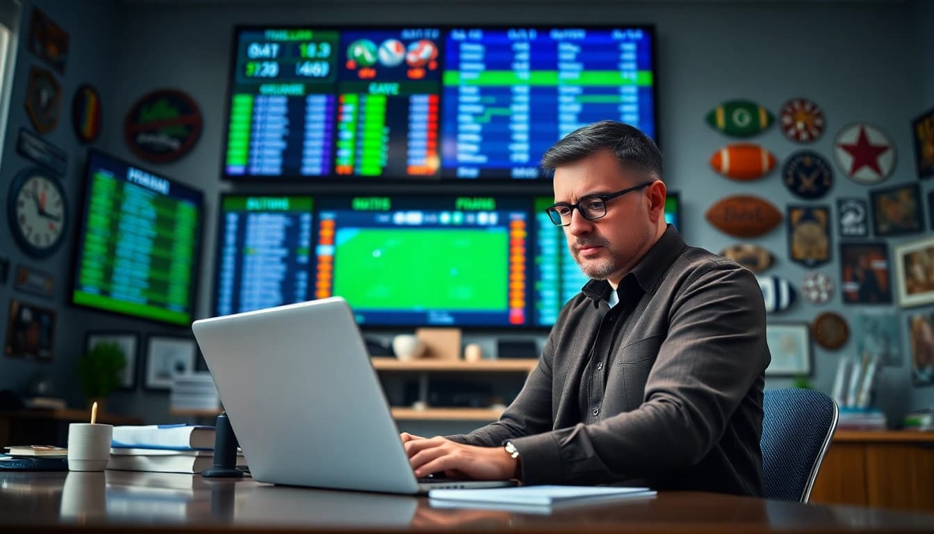 Sportsbooks in California analysis with expert surrounded by memorabilia