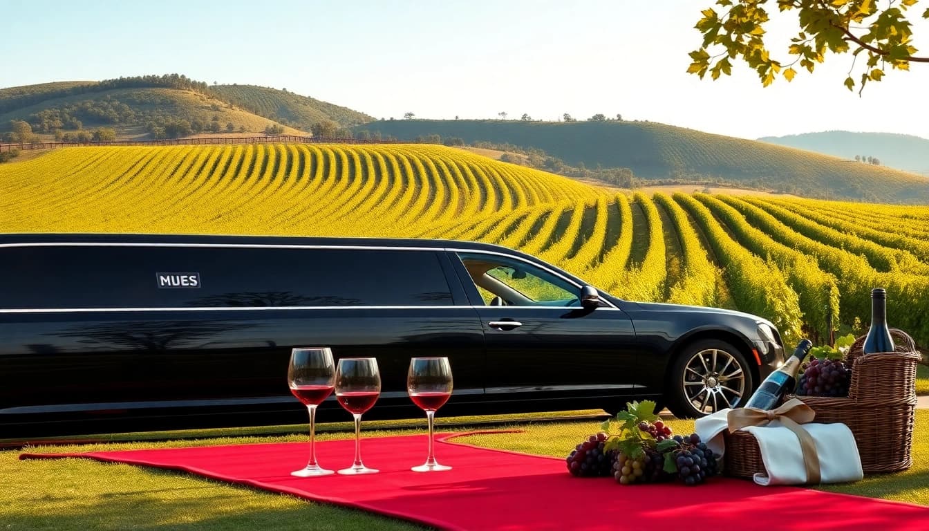Experience luxurious limo wine tasting tours with a stunning vineyard backdrop and elegant car details.