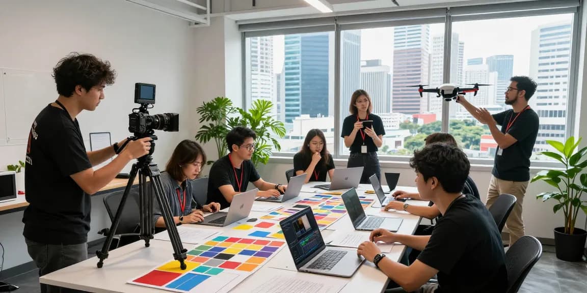 Dreambox Studio Sg team collaborating on video production in vibrant studio atmosphere