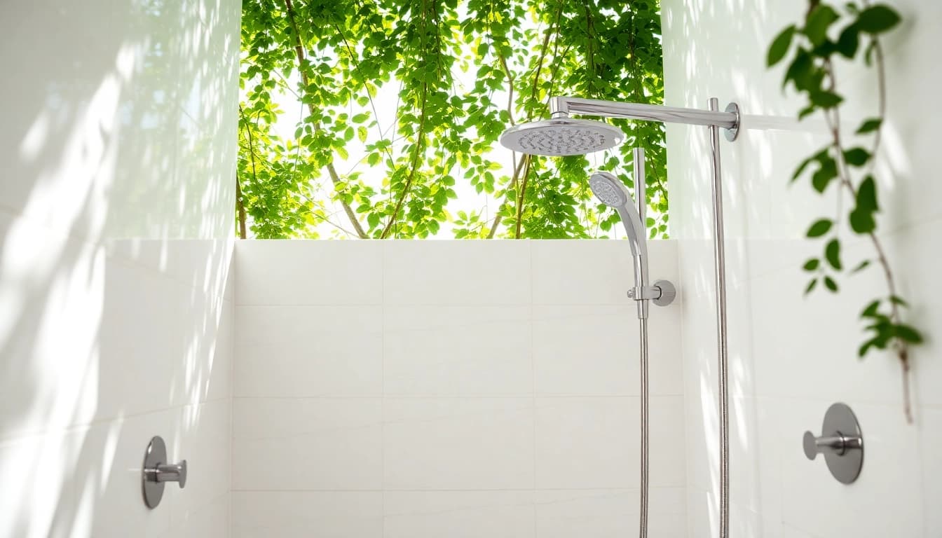 Showcasing the sunny shower usa inc product in a modern bathroom with lush greenery.