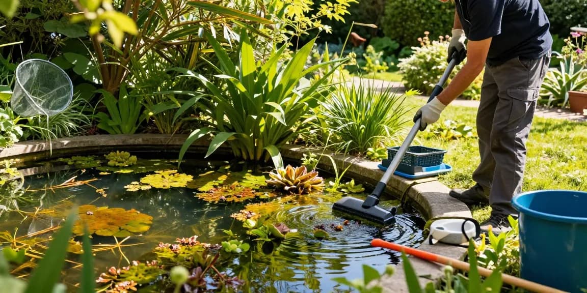 Pond Cleaning Sussex expert using vacuum to maintain a vibrant garden pond with aquatic plants under dappled sunlight.
