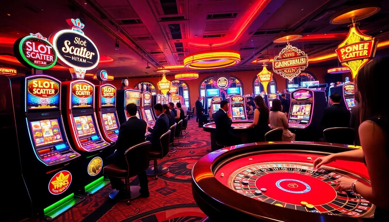 Engaged players at luxurious slot machines for slot scatter hitam gaming action.