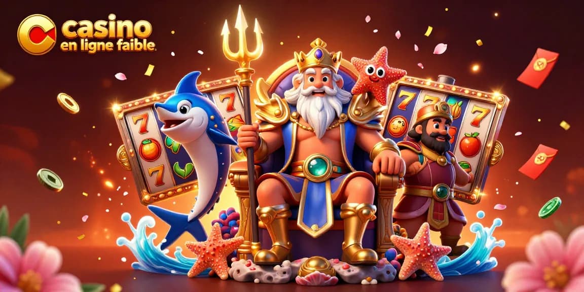 Une illustration animée 3D célébrant un casino en ligne fiable avec Neptune et divers éléments festifs.