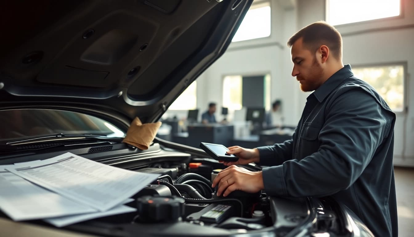 Inspecting extended car warranty for used cars during a diagnostics session in a garage.
