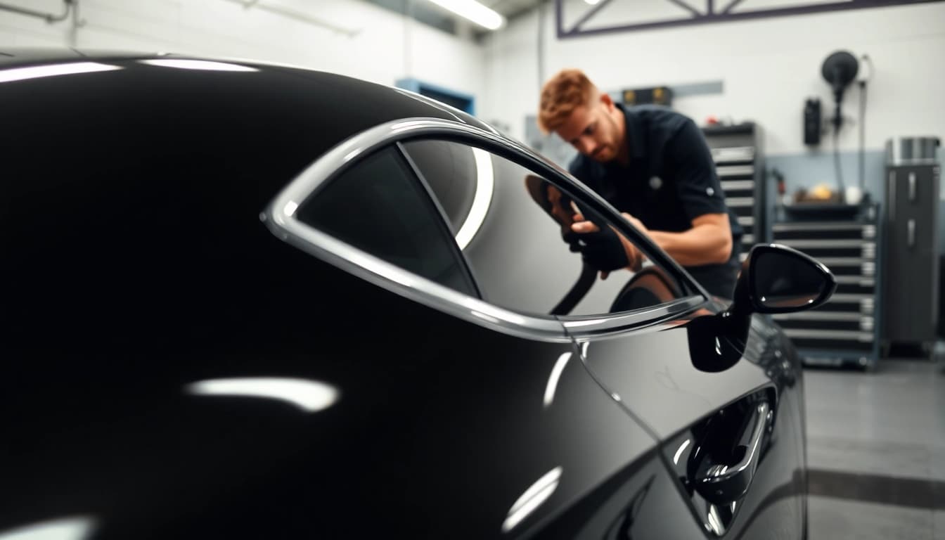 Window tint gift card showcased during a professional car tinting process in a modern garage.