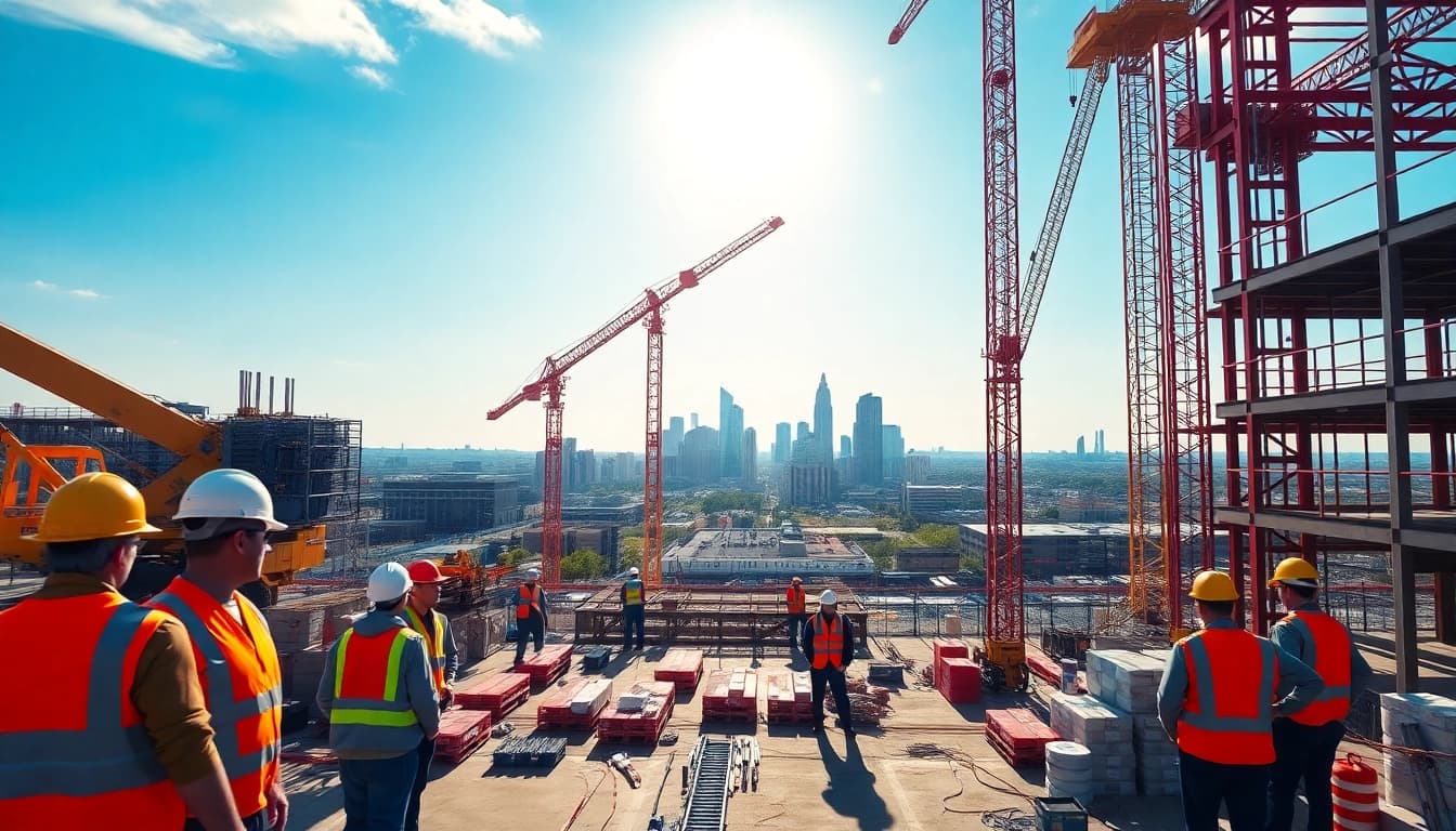Workers collaborating on a construction site in Austin construction, highlighting teamwork and urban development.