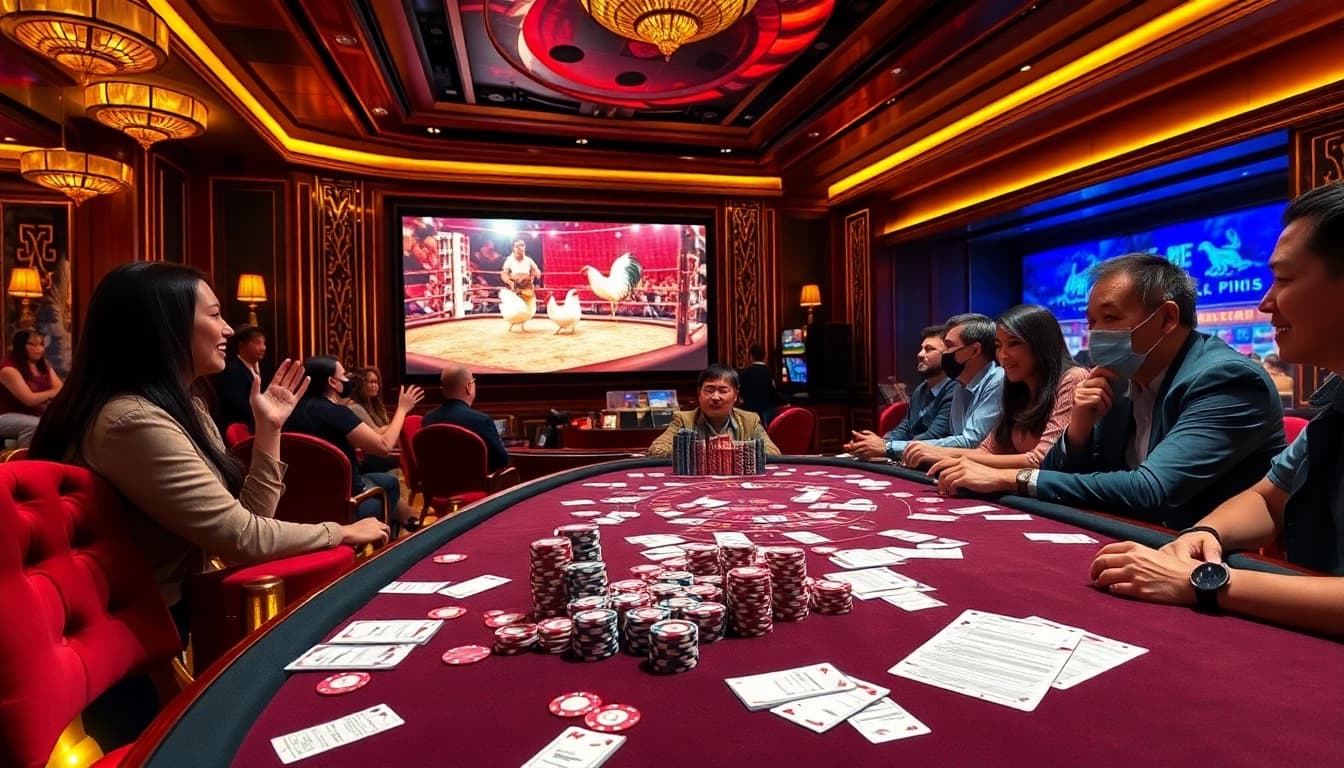 Watch đá gà trực tiếp as thrilling matches unfold in a luxurious casino environment.