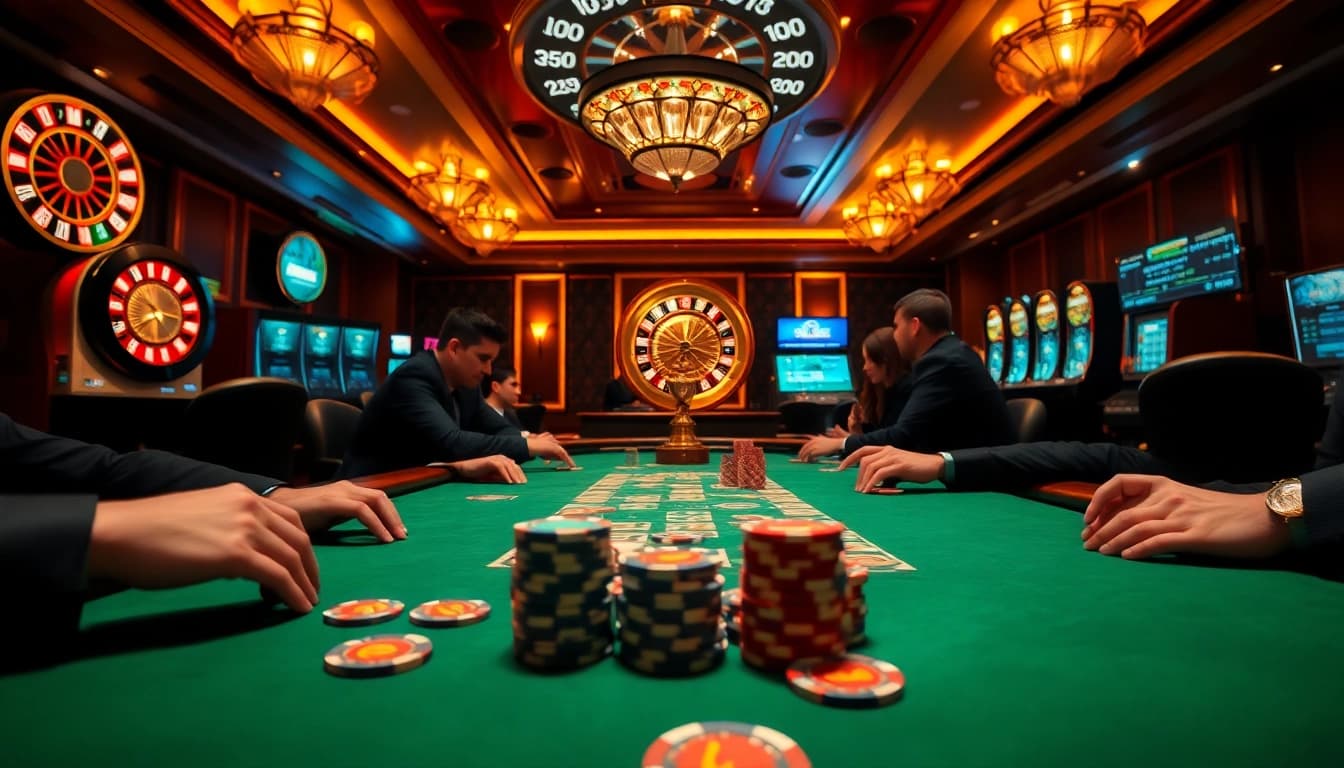 Joueurs engagés à une table de poker d'un casino en ligne fiable, avec des jetons et des cartes vibrants.