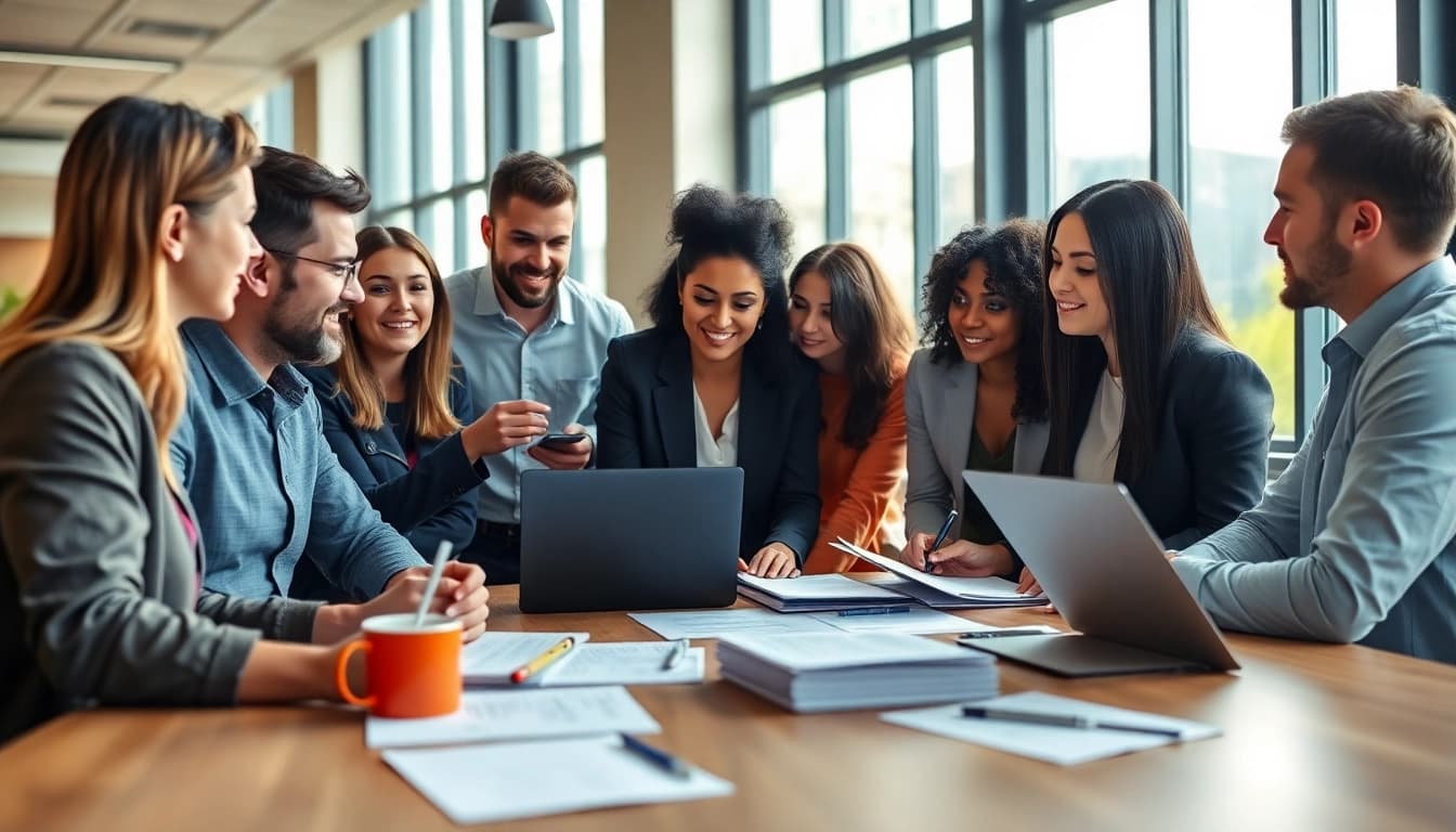 Collaborative professionals engaged in Proposal Writing and Management in a modern office