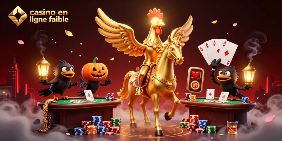 Illustration de casino en ligne fiable avec un coq en or et des compagnons dans un environnement dynamique.