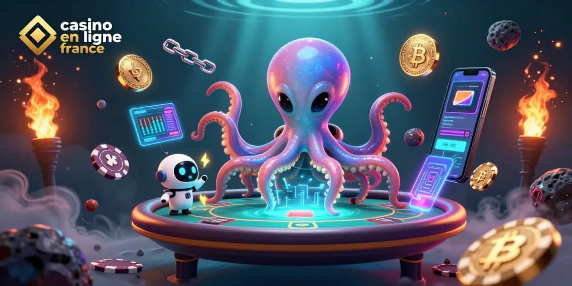 Jouez au casino en ligne France avec un octopus alien à une table de poker holographique.