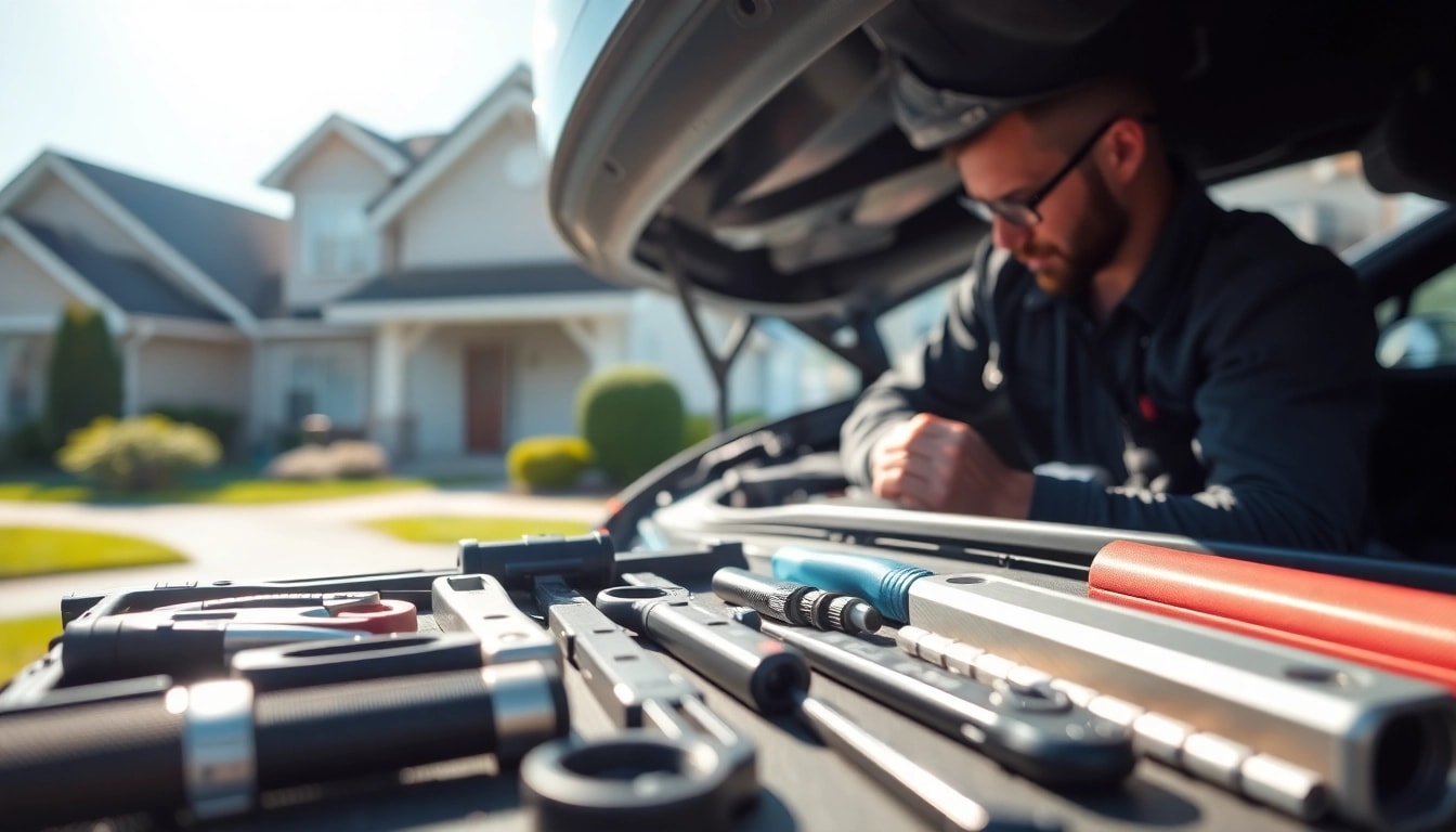 Mobile car repair technician servicing a vehicle in a driveway, showcasing expert skills and tools.