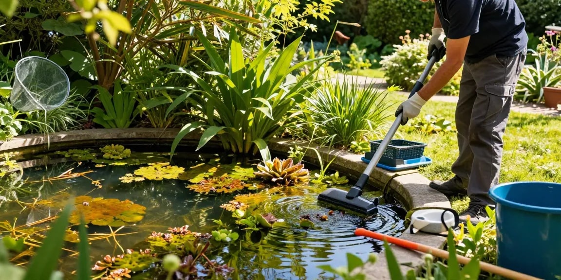 Pond Cleaning Sussex expert using vacuum to maintain a vibrant garden pond with aquatic plants under dappled sunlight.