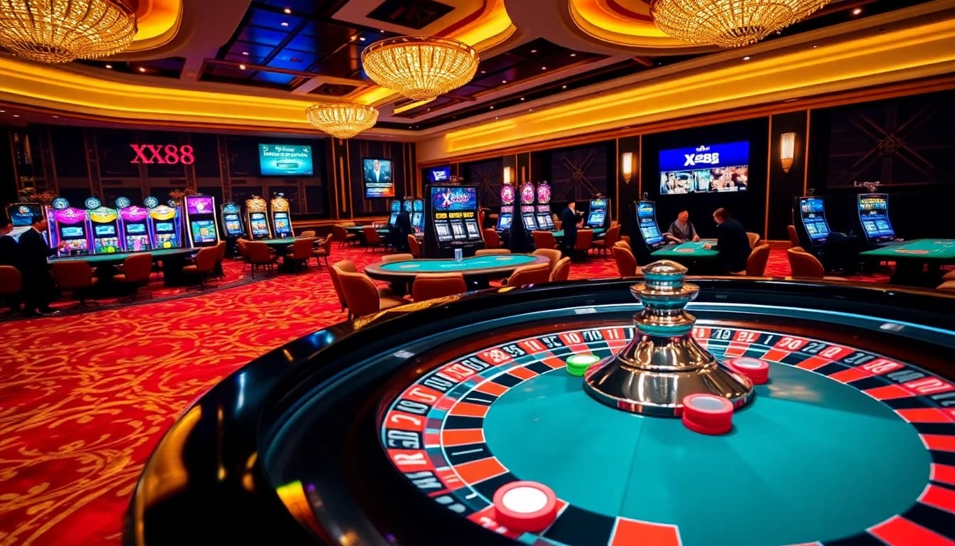 Experience thrilling gaming action at https://xx88.nl/ with a vibrant casino atmosphere featuring roulette and poker tables.