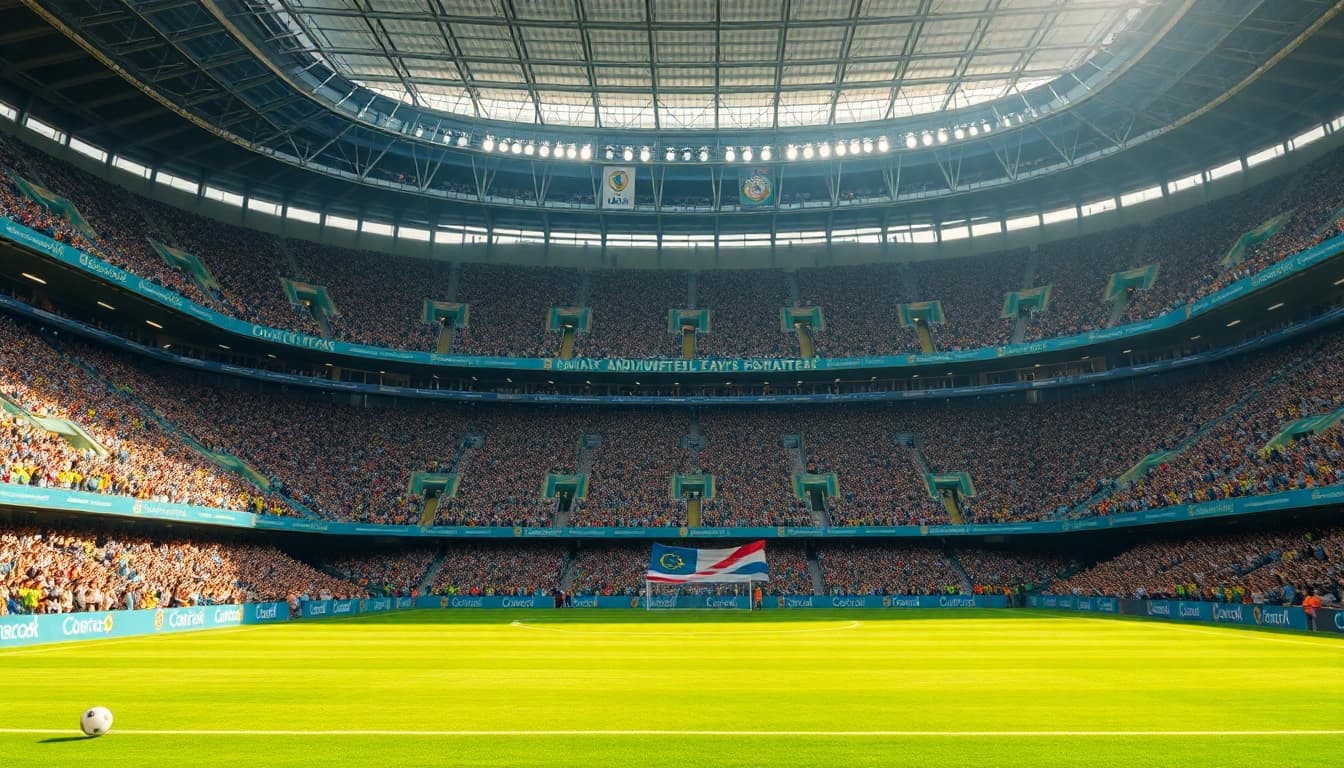 บอลโลกวันนี้ with cheering fans and team banners at a vibrant football stadium.