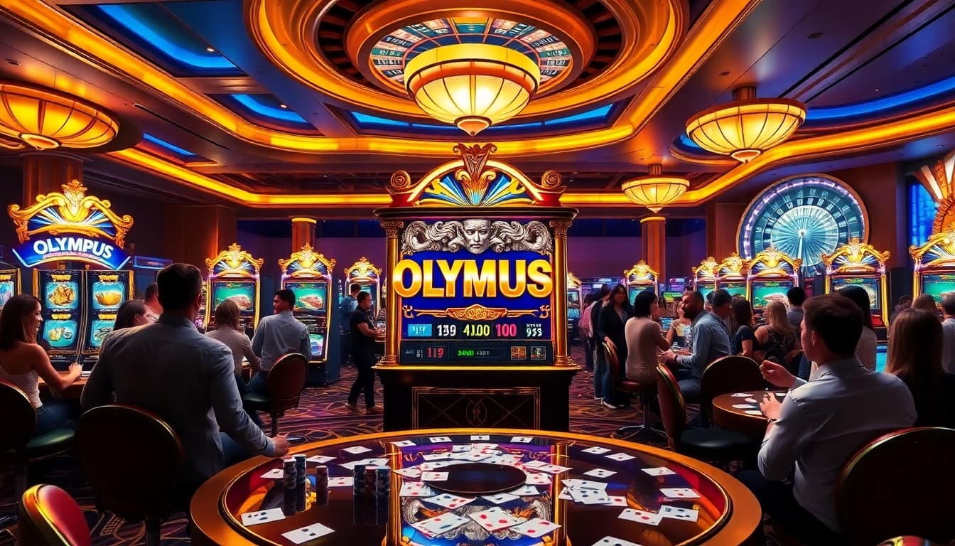Players enjoying the Olympus slot machine in a glamorous casino atmosphere.
