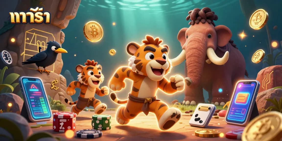 Experience บาคาร่า excitement with a dynamic scene featuring cavemen and crypto elements in a prehistoric casino setting.