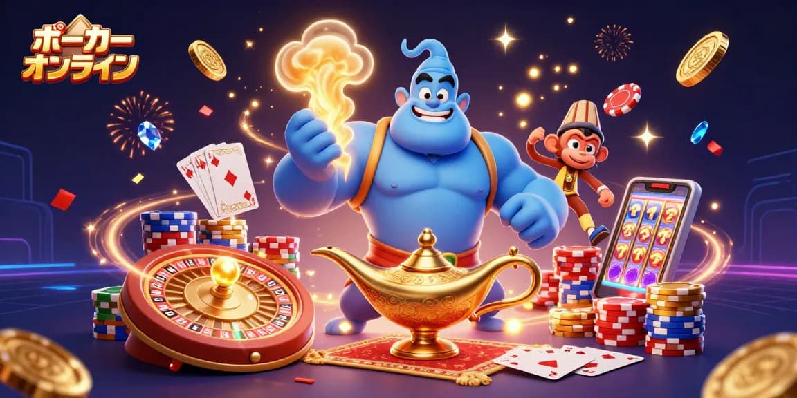ポーカー オンラインの大迫力のシーンで、青いジニーとモンキーがポーカーチップと共に登場するイラスト